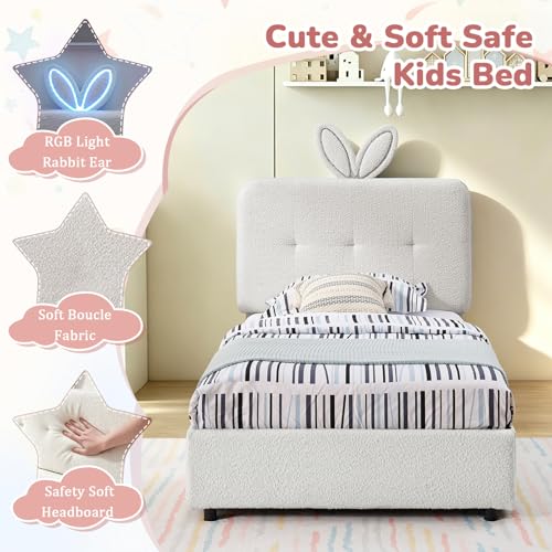 Image of Twin Led Bed Frame with 4 Storage Drawer, Upholstered Platform Floor Bed with Rabbit Ear Headboard Daybed Strong Wooden Slats No Box Spring Needed for Kids Girls Boys, Beige