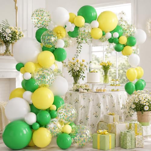 Image of Green and Yellow Balloons, 60 Pcs 12 Inch Dark Green Yellow White Latex Balloons with Gold Confetti for Graduation Birthday Golf Party Decorations