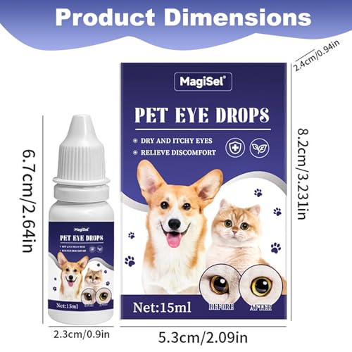 MagiSel Haustier Augentropfen, Augenreiniger für Haustiere, Augentropfen Für Hunde Und Katzen, Lindert Juckreiz Und Irritationen, Trockenheit, Tränenflecken, Entfernt Tränenstein (15ml)