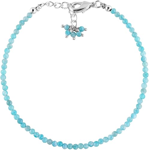 Natural Gemstone Micro Round Beads Dainty Choker Bangle Bracelet, Handmade Jewelry for Women, Healing Chakra Crystals Silver Plated Chain 8 inch,