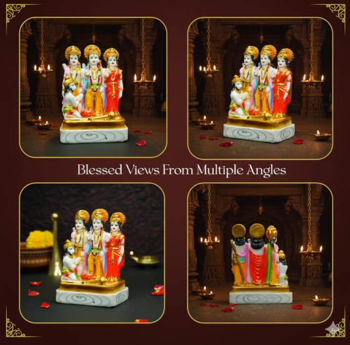 Image of Ram Darbar Idol with Hanuman Small Ram Sita Lakshman Murti Marble Dust Statue for Home Mandir Pooja Decorative Ram Darbar Statue