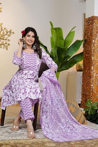 Image of MIRCHI FASHION Women's Straight Fit Pure Cotton Sequins Thread Work Leaf Printed Kurta Set with Dupatta and Trouser