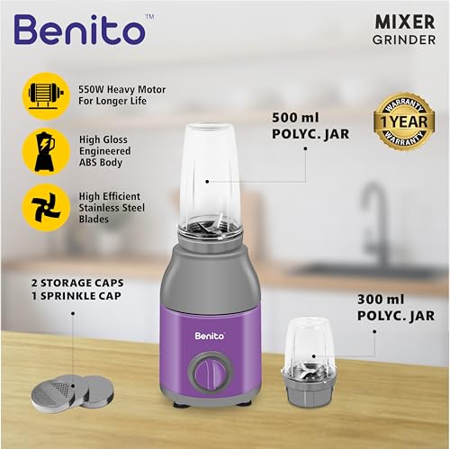 Image of Benito PRESSIO Nutri Mixer Grinder 550 watt with 2 Jars | Durable Shockproof ABS Body | Powerful Motor with Advanced Grinding Technology | Elegant Purple & Grey Finish come with 1-Year Warranty