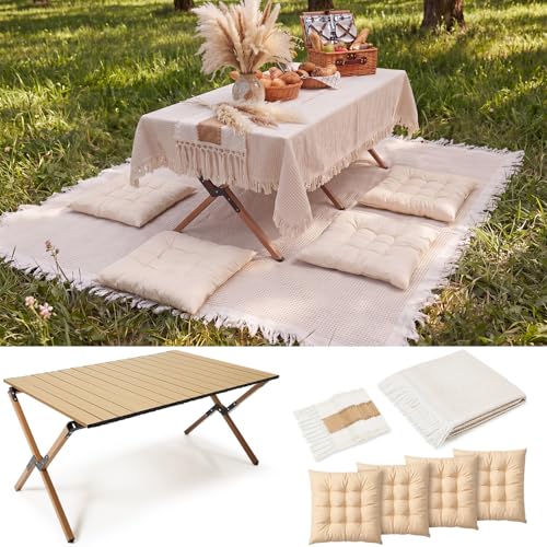 8 Pcs 34" x 23" Low Picnic Table Foldable Lightweight Picnic Table Set with 91'' x 71'' Large Outdoor Boho Camping Blanket Tablecover and Runner 4 Pillows Cushions for Camping Wedding Beach Party by Geetery - Used condition - US$61.37