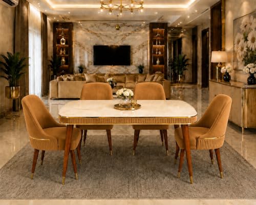 Image of WOODEN SPACE 4 Seater Wooden Dining Table Set | Urban Marble Top Dining Table with Chairs for Dining Room & Kitchen (Modern Grand Aura Mustard) (54 x 36 x 30 inch)