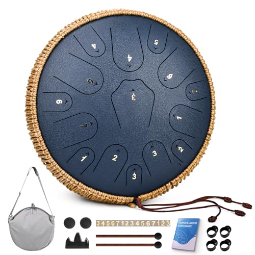Image of Steel Tongue Drum-QingShi 15 Notes 14 Inch Steel Drum Instrument for Adults, Steel Handpan Drums with Handpan Drum Mallet, Music Book and Carry Bag, C Major (Navy Blue)