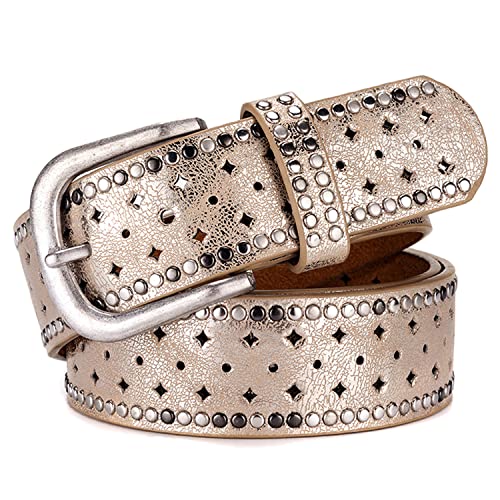 Ladies Fashion Waist Belt with Rivets Trim, Cowhide & PU Leather Belt for Women, Shiny Studded Belt for Jeans Shorts