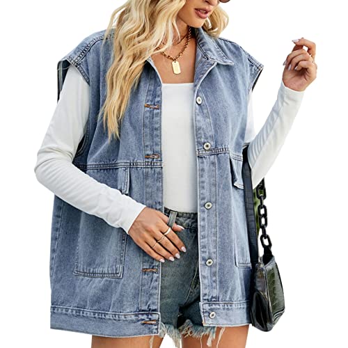 FindThy Women’s Vintage Denim Jean Vest Oversized Button Down Jean Waistcoat Gilet
