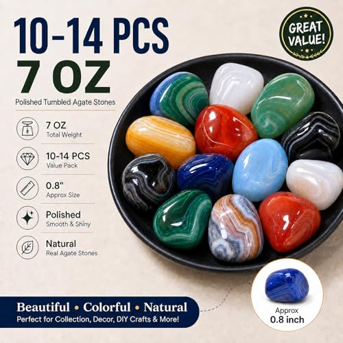 Image of Polished Stone Set Colorful Agate Crystals, 0.8 inch Handpicked Tumbled Gemstones Rocks, Pebbles for Reiki, Chakra, Healing, Home Decor