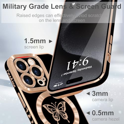 Lafunda Magnetic for iPhone 15 Pro Max Case for Women Girls, [Compatible with MagSafe] Cute Butterfly Shockproof Camera Protection Silicone Bumper Cover Phone Case for iPhone 15 Pro Max 6.7", Black by Lafunda - Image 3