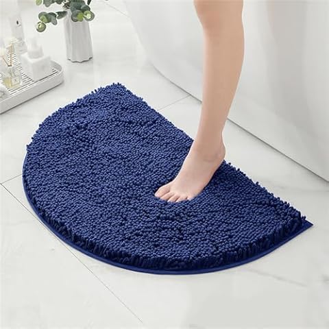 YYINYXY Half Circle Chenille Bathroom Rug Absorbent, Ultra Soft Microfiber Fleece Shower Mat for Bathtub, Toilet, Fluffy Bath Mat Machine Washable (Dark Blue, 32x20'') Cover