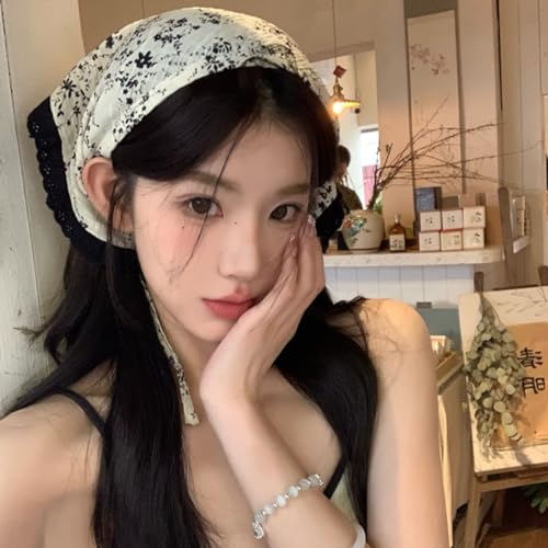 Cute Floral Hair Bandanas Scarf for Women Bowknot Chiffon Head Scarf Kerchief with Ruffle Edge2