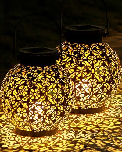 Solar Lantern Outdoor, IP44 Waterproof Lantern, Garden Solar Lamp for Sustainable Lighting, Metal Hanging Patio Lawn Warm White, 2PACK