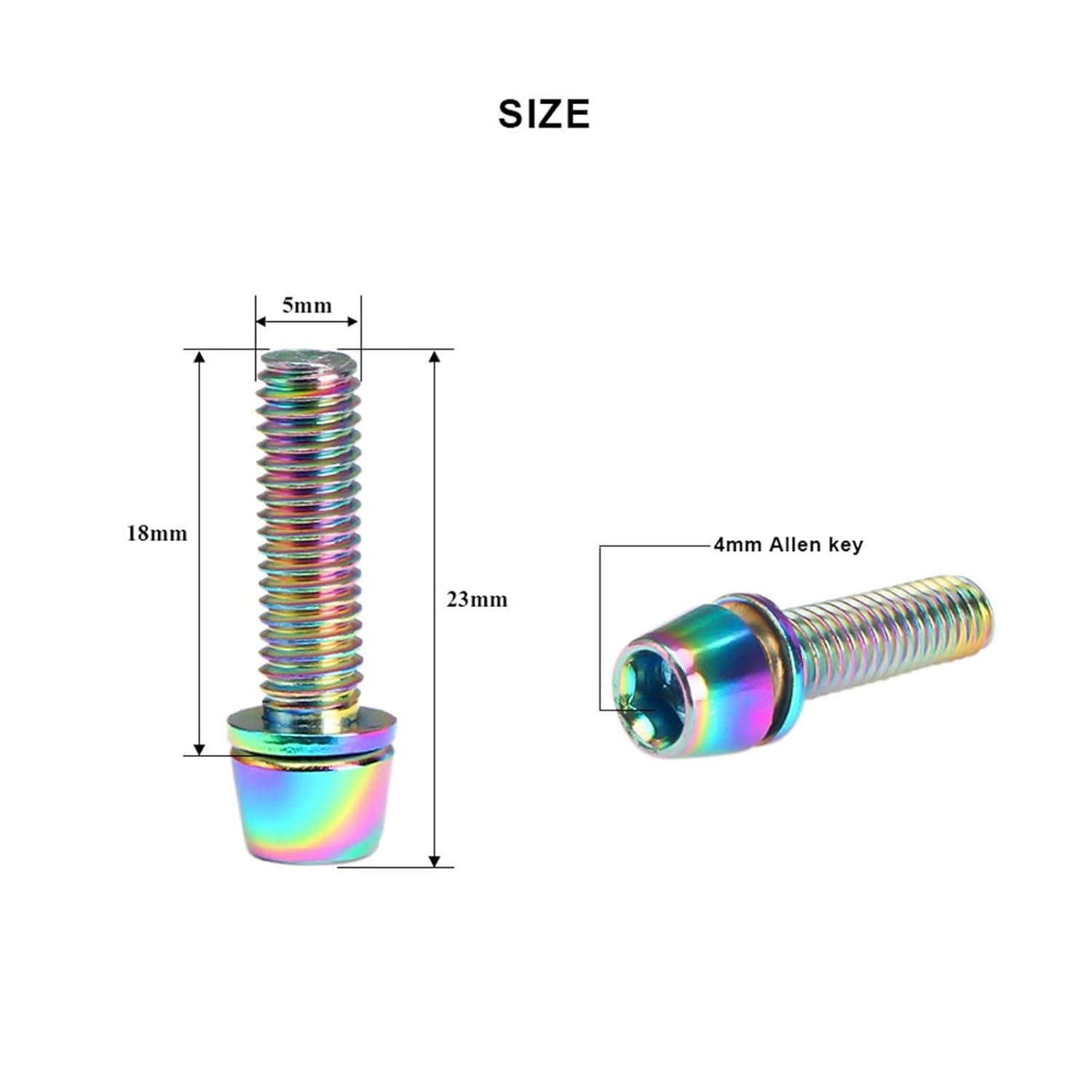 Diagram showing the dimensions of an M5*18MM screw, including its 5mm diameter, 18mm thread length, 23mm total length, and indicating the use of a 4mm Allen key.