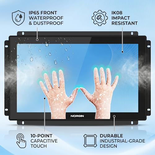 Image of 27 Inch Industrial Touchscreen Monitor, Open Frame 1920x1080 IP65, IPS, LCD Display with 10-Point Capacitive Touch, HDMI VGA DVI USB, VESA Mount Rugged Screen for POS, Kiosk, HMI, Automation
