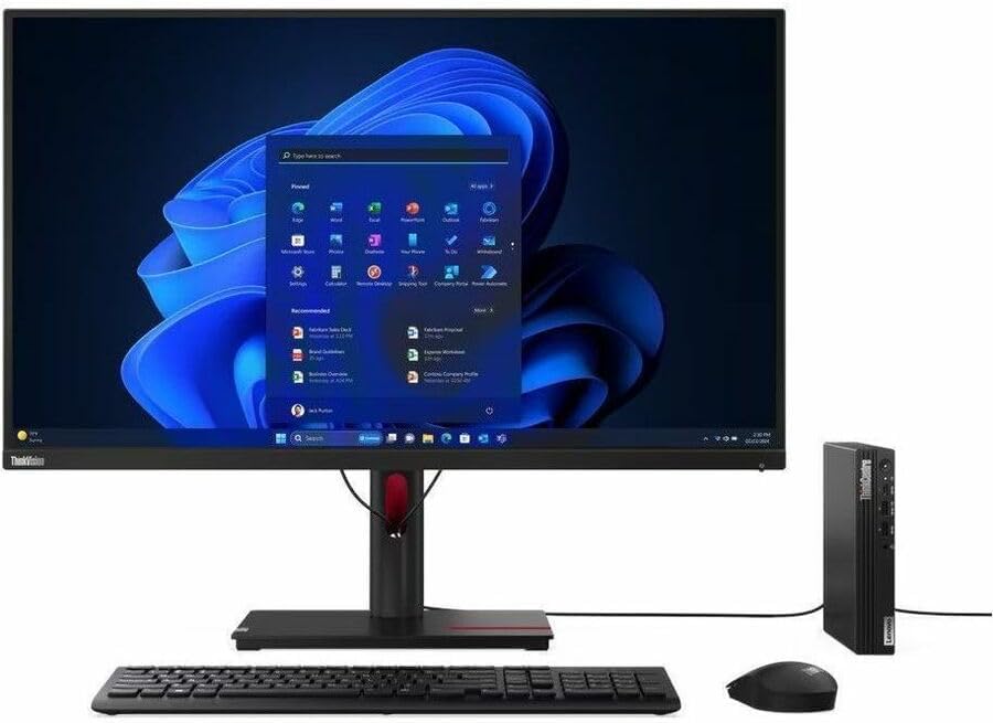 Lenovo ThinkCentre M75q Gen 5 desktop computer setup with monitor, keyboard, and mouse.