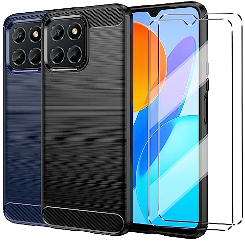 2Pcs Funda con Cristal Templado 2Pcs Protectora Capa Compatible with Honor X6/Honor 70 Lite Antigolpes Fundas Carcasa Compatible with Honor X6/Honor 70 Lite Silicona Funda de Móvil black+navy