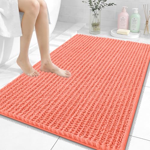 Image of OLANLY Bathroom Rug Mat 40x32, Thick Soft and Absorbent Chenille Bath Mat, Non-Slip Rubber Backing, Machine Washable Quick Dry Bath Rugs for Tub Shower Floor, Home Decor Accessories, Coral