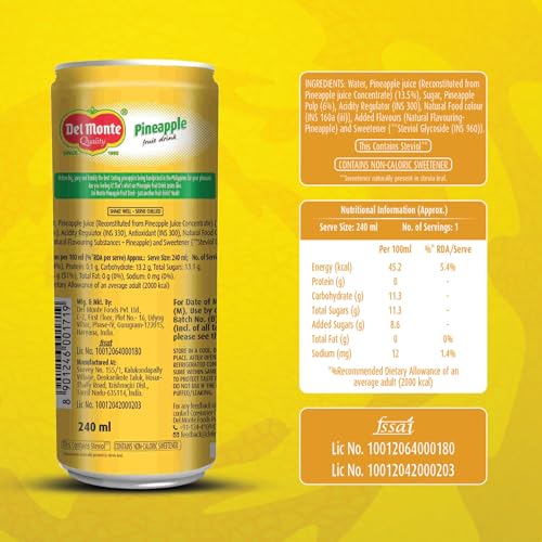 Image of Del Monte Pineapple Fruit Drink (Pack of 18) - Tropical Taste, Real Pineapple Crush, Perfect for Cocktails & Mocktail | No added Preservatives