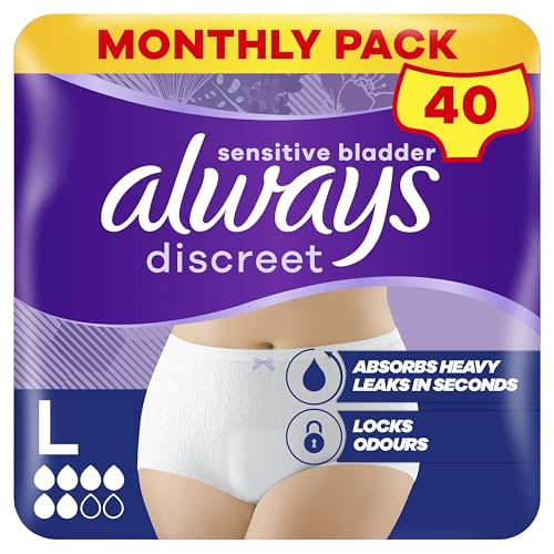 Always Discreet Incontinence Pants Women Large, UK Size 16-22, White, Absorbency 5, 40 Disposable Underwear , Knickers (10 x 4 Packs), Heavy Bladder Leak Protection , Maternity Postpartum Pants