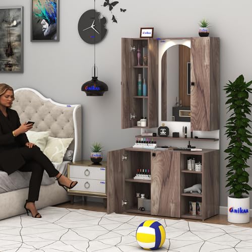 Image of Anikaa Opulex Engineered Wood Dressing Table with Mirror Cabinet, LED Lights, Storage Shelves & Back Panel - Wall Mounted Makeup Vanity & Organizer for Bedroom -(Coachwood /White) DIY Installation