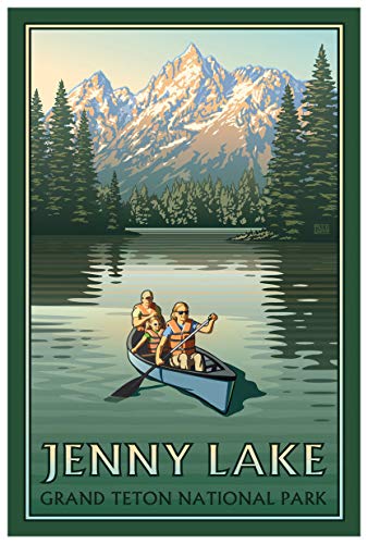 Jenny Lake Grand Teton National Park Canoers Giclee Art Print Poster from Travel Artwork by Artist Paul Leighton 12" x 18"
