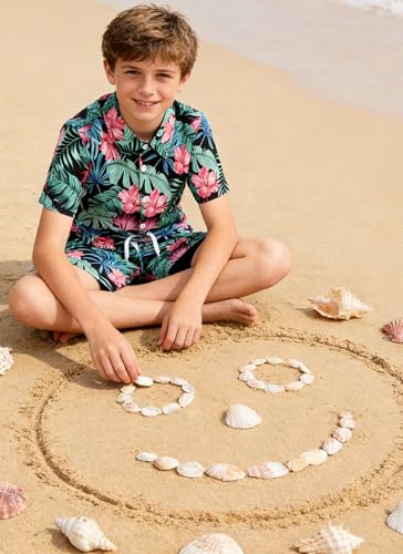 Image of UNICOMIDEA Boys Hawaiian Outfits Tropical Print Button Down Shirt + Swim Trunks 2 Piece Sets for 5-12T Kids