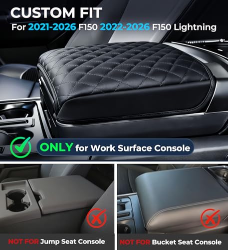 Image of Center Console Cover for Ford F150 2021-2026 & F150 Lightning 2022-2026, Fits Work Surface Console Only, 1.2-Inch Thick PU Leather Armrest Cushion Protector with 2 Side Pockets, Black