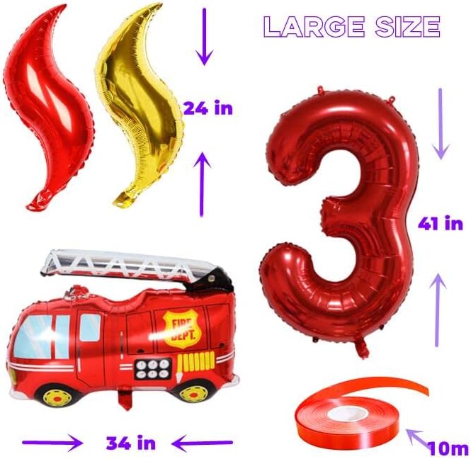 Miniatura 4 de Suministros para fiesta de cumpleaños de bomberos, decoraciones de fiesta de camión de bomberos, globo de bomberos número 3, globo de camión de