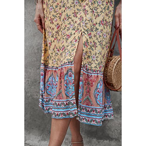 Image of BROVAVE Women Summer Bohemian Floral Print V Neck Sleeveless Sundress Flowy Casual Midi Dress