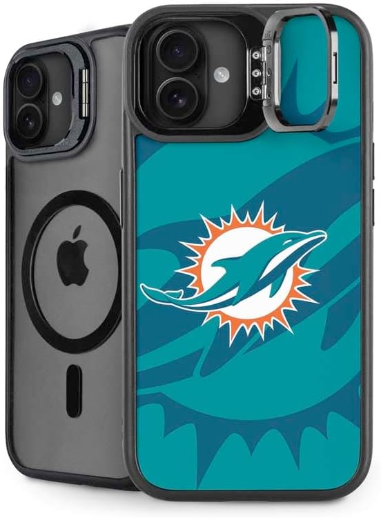 Skinit Kickstand Phone Case Compatible with iPhone 16 - Officially Licensed NFL Miami Dolphins Double Vision Design