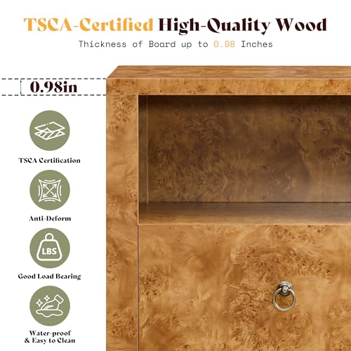 Image of AMERLIFE Nightstand Set of 2, Mid Century Modern Bedside Table with Drawer and Open Shelf, High Gloss Burl Wood Night Stand for Bedroom, Retro Yellow Wood Grain