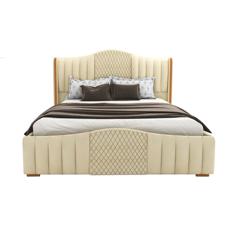 Image of STRATA FURNITURE Solid Wood King Size Bed with Box Storage and Upholstered Headboard | Stylish Wooden Double Bed Cot Palang Furniture for Bedroom, Hotels, Living Room, and Home (Beige)