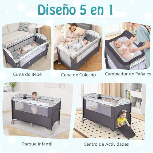 Miniatura 3 de Relax4life 5 En 1 Cuna Infantil Bebe Con 2 Ruedas Bloqueables, Cambiador, Correa Fijación, Caja De Música Y 3 Juguetes Colgantes, Cuna Con Colchón Y Bolsa De Transporte Para Bebés 0-36 Meses Gris