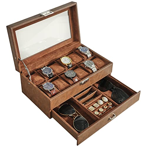 IBUYKE Watch Box 12 Slots PU Leather Watch Case for Men Jewellery Display Drawer Case with Glass Top, Smooth Velvet Lining JWB001Z