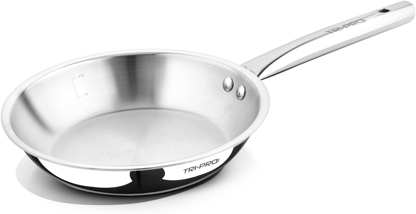 BERGNER Tripro Triply Stainless Steel Frypan/Skillet, 24 cm, 2.0 litres, Ergonomic Stay Cool Handle, Flared Rim, Efficient and Fast Heating, Induction, Gas and Metal Spatula Friendly