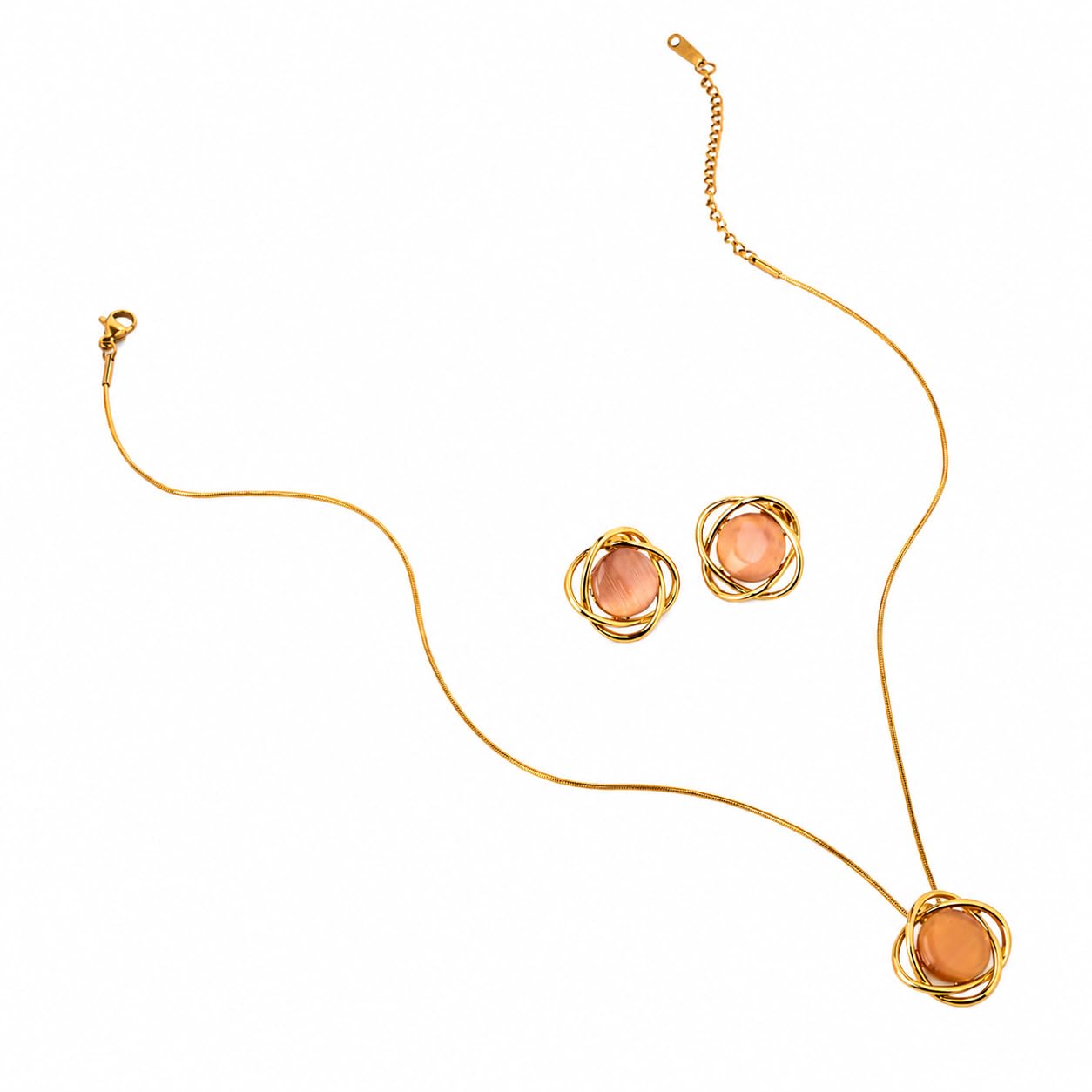 Minimalist Anti-Tarnish Gold Plated Pendant Set with Caged Simulated Peach Cat's Eye & Stud Earrings for Women, Korean Daily Office Wear-image-24