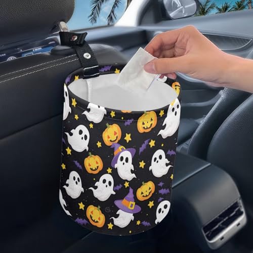 Image of Cute Ghost Pumpkins Hanging Car Trash Bag Vehicle Trash Can with Adjustable Buttons Collapsible Multipurpose Auto Storage Bag Road Trip Essentials