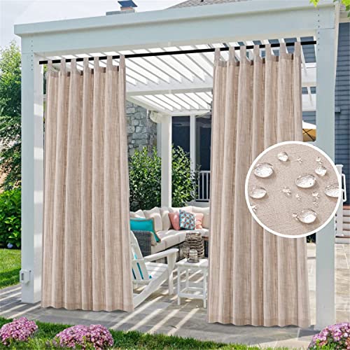 Cortina Impermeable para Exterior 2 Paneles Cortinas Cortas Translucidas de Efecto Lino con Lengüeta Superior para Ventanas Salon Dormitorio Cortinas Comedor Modernas (2X 132x240 cm,Lino) Cover