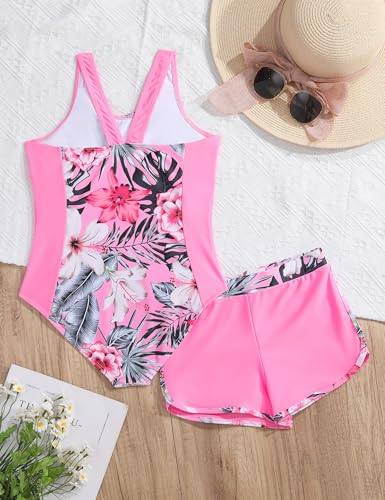 Image of Girls One Piece Swimsuits 2 Piece Girl Bathing Suit with Tropical Print Cover Up Shorts Teen Kids Swimwear 5-13Y