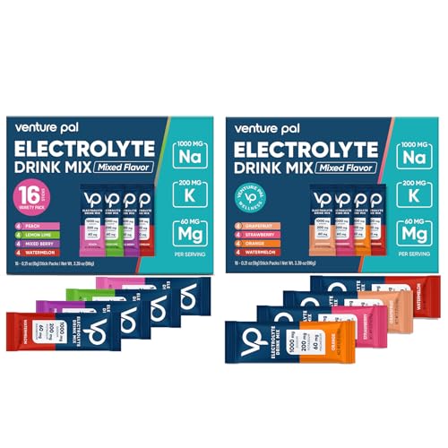 Venture Pal High Sodium Sugar-Free Electrolyte Powder Combo Pack – Hydration Drink Mix with Sodium, Potassium & Magnesium | Keto, Vegan & Paleo Friendly | Zero Calories | 32 Sticks Total