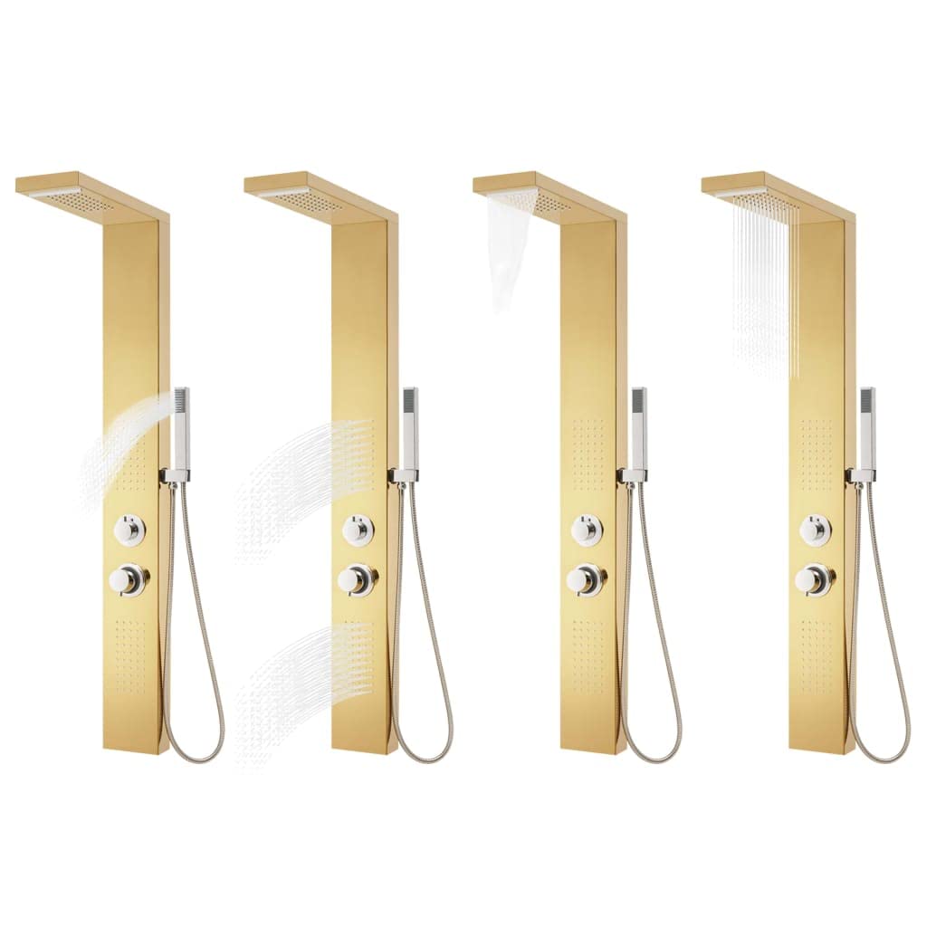 Sistema di pannelli doccia in acciaio inox 201 Golden con soffione a pioggia, cascata, ugelli massaggianti e doccetta, altezza 130 cm, regolabile e orientabile, per vasca da bagno, doccia e