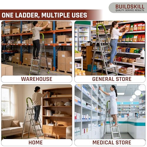Image of BUILDSKILL Aluminium Ladder for Home 6 Steps | 35x16cm Wide Anti-Slip Aluminium Steps | Stainless Steel Body | Handrails | Load 150 Kg| Foldable Lightweight 6.5KG Ladder for Kitchen, Office & Home
