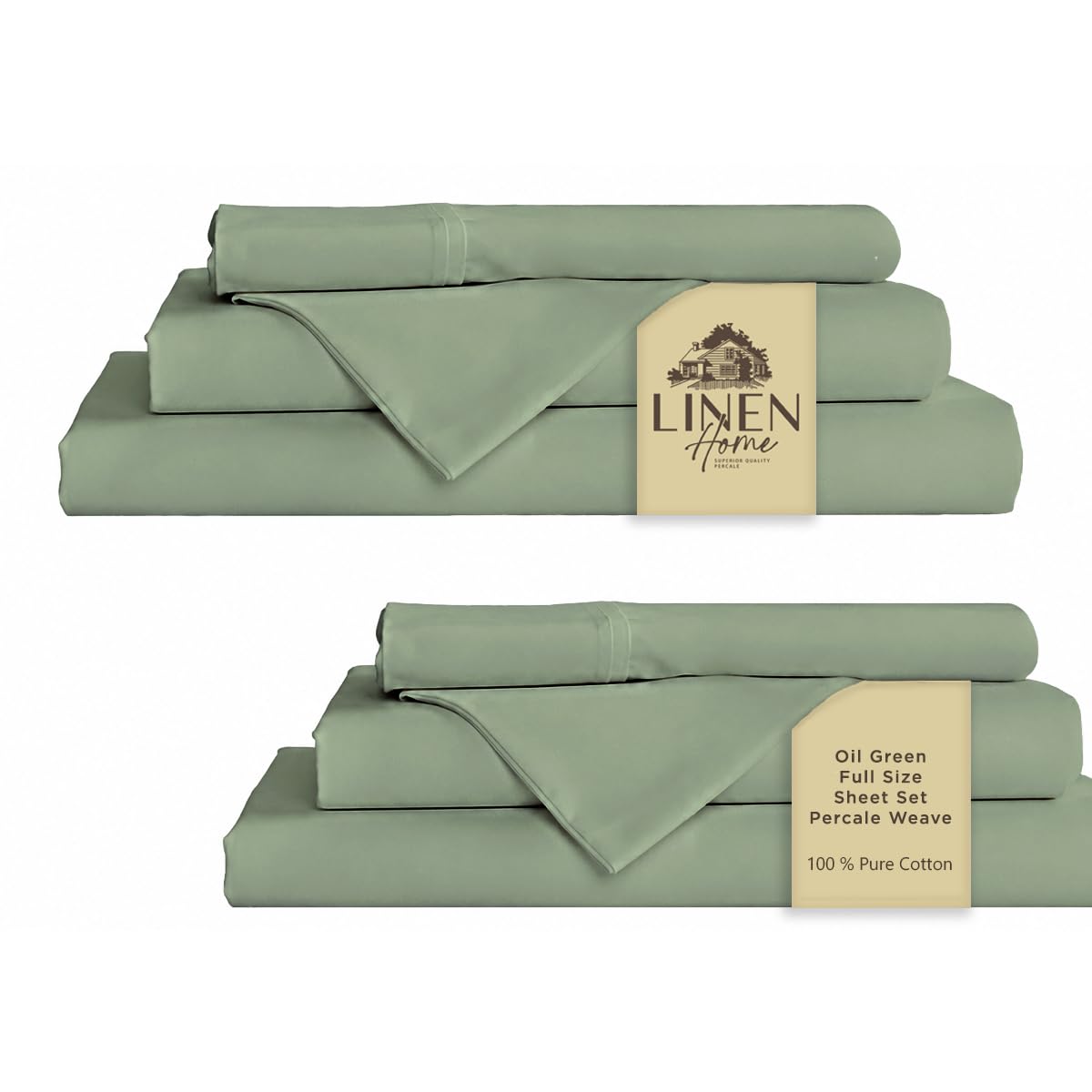 Linen Home 2-Pack Full Sheet Set, 100% Cotton Percale Bedding, 8-Piece Value Bundle, Deep Pocket Cooling Bed Sheets for Hot Sleepers, Breathable &amp; Crisp Hotel Quality, Long-Staple Cotton, Oil Green