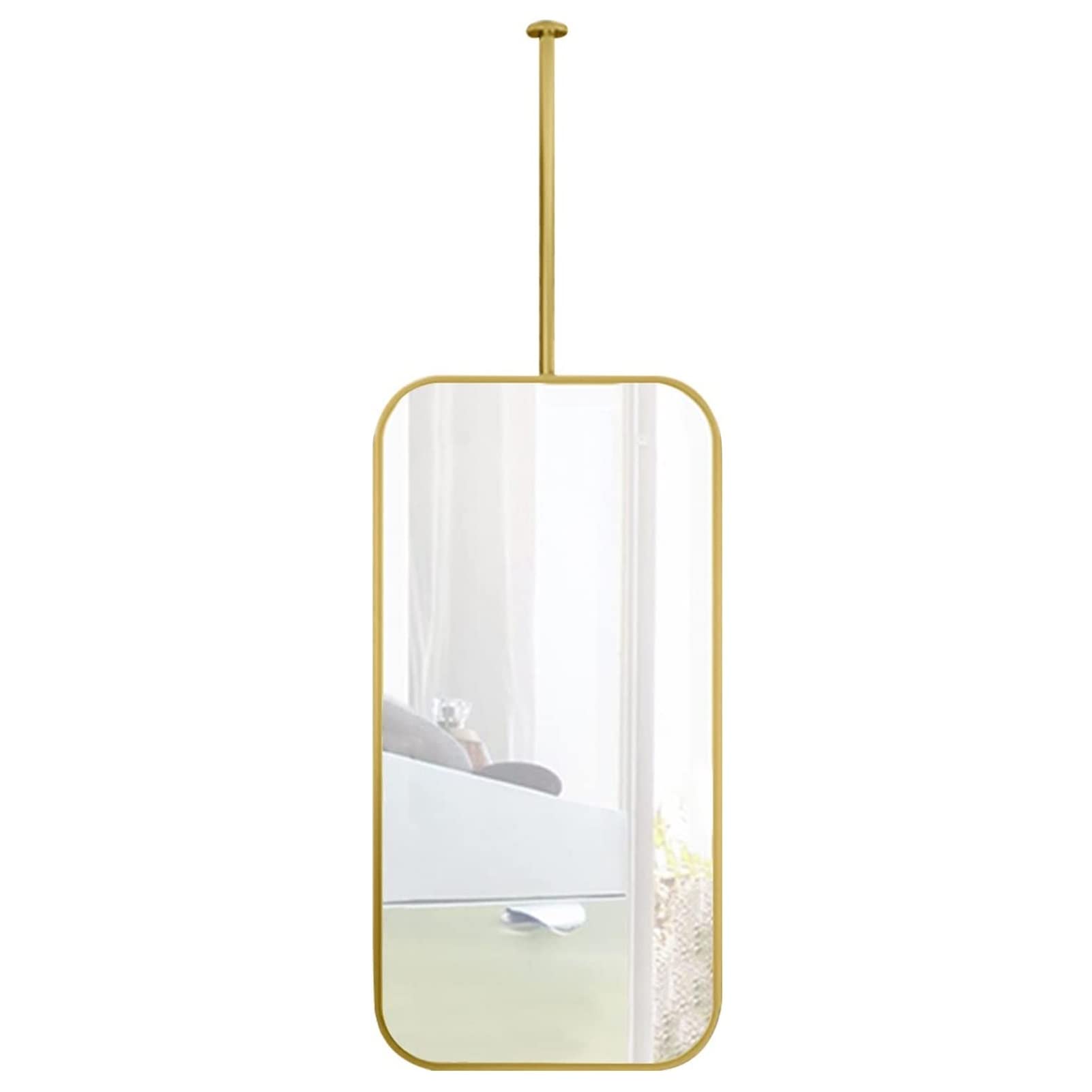 GLJTUO Square Ceiling Mounted Mirror with Gold Metal Frame, Modern Floating Vanity Mirrors Hanging Rod for Bathroom Washroom Shaving Makeup,size_name-50cmx70cm