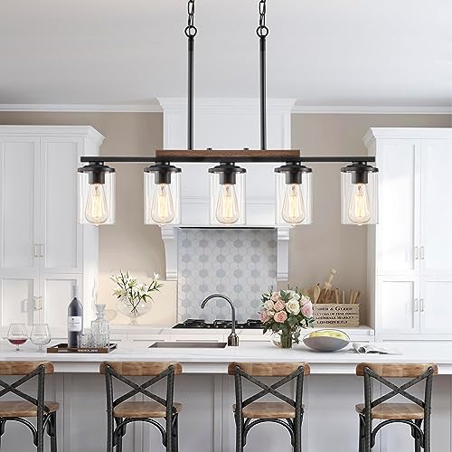 Alynzee ZP041 Dining Room Light Fixture,5-Light Kitchen Island Lighting Farmhouse Chandeliers For Dining Room With Clear Glass Shade Rustic Wood Chandelier Kitchen Pendant Light Fixtures Over Table,Black Metal thumb #5