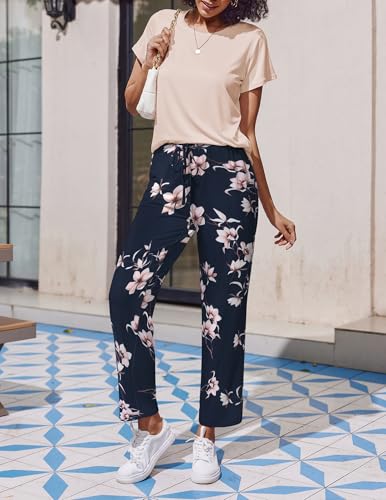 Image of Ekouaer 2 Pack Pajamas for Women Set Short Sleeve Sleepwear Top and Pants Pjs Soft Printed Lounge Sets with Pockets