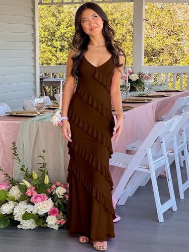Image of HOCILLE Women's Sexy V Neck Backless Bodycon Spaghetti Strap Elegant Ruffle Maxi Cocktail Party Dresses