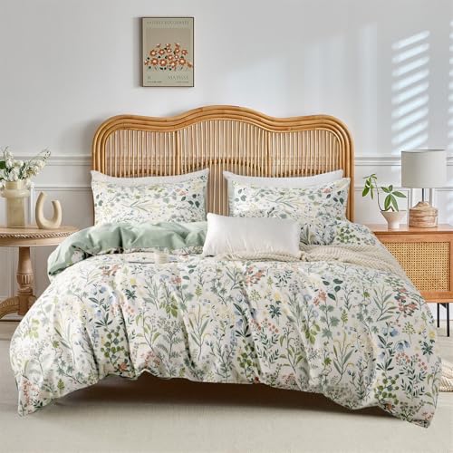 Image of VM VOUGEMARKET Twin Duvet Cover Set 3 Pieces Sage Green Botanical Flower Duvet Cover with 2 Pillowcases Cottagecore Bedding Set 100% Cotton White Green Comforter Cover Without Filling