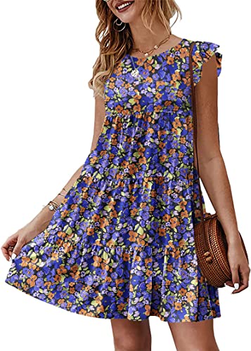 Image of KIRUNDO Summer Dresses for Women Sundress Sleeveless Ruffle Sleeve Round Neck Loose Short Flowy Pleated Mini Babydoll Dress